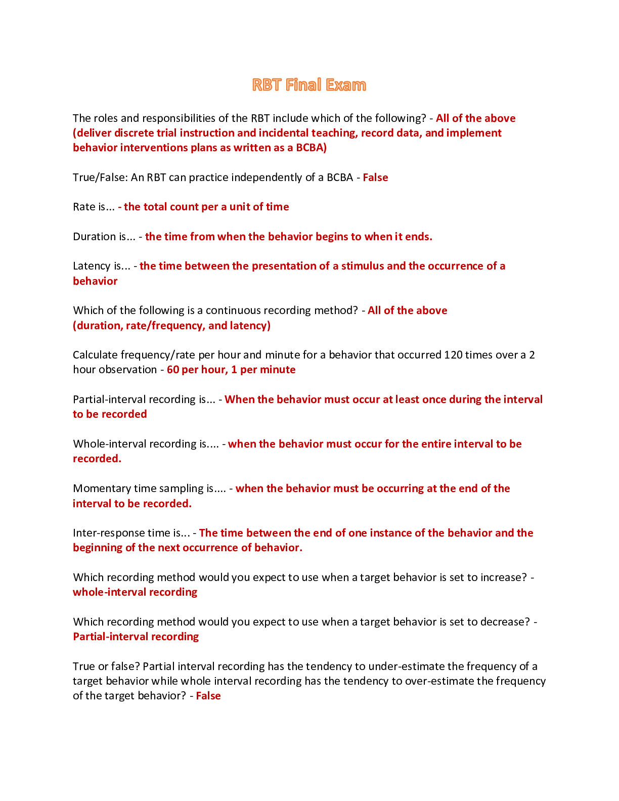 Preview of RBT (Registered Behavior Technician) Final Exam - Questions and Answers